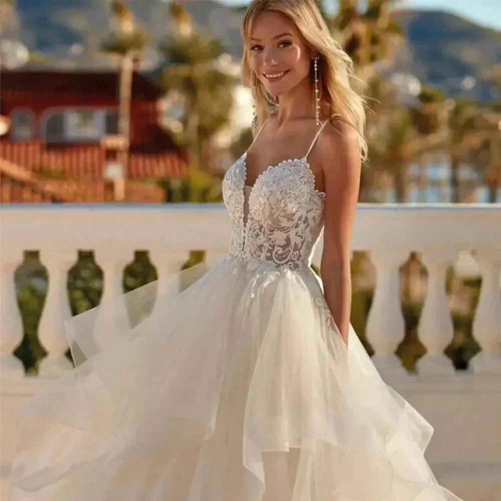 Sexy Lace Appliques V Neck Wedding Dresses Exquisite Tiered A Line Tulle Ball Gowns For Woman Formal Bride Beach Party Vestidos - Image 3