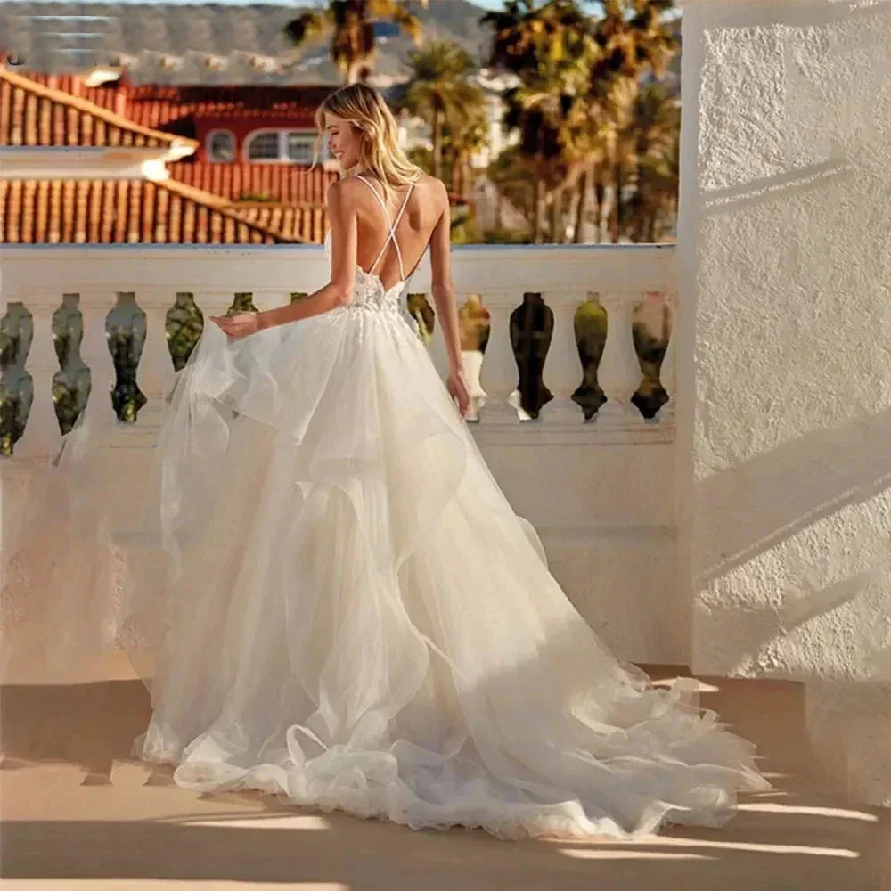 Sexy Lace Appliques V Neck Wedding Dresses Exquisite Tiered A Line Tulle Ball Gowns For Woman Formal Bride Beach Party Vestidos - Image 4