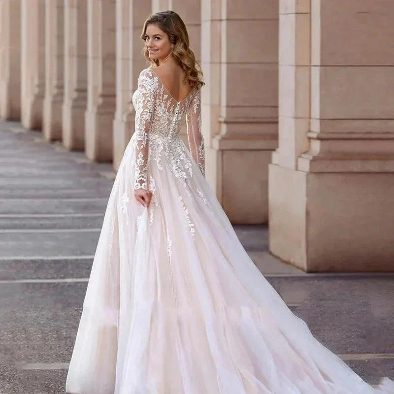 Sexy Lace Simple Elegant Mopping Wedding Dresses V-neck Long Sleeves Plain White Pretty Fascinating Bridal Gowns Backless 2023 - Image 2