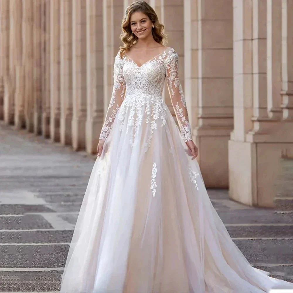 Sexy Lace Simple Elegant Mopping Wedding Dresses V-neck Long Sleeves Plain White Pretty Fascinating Bridal Gowns Backless 2023 - Image 3