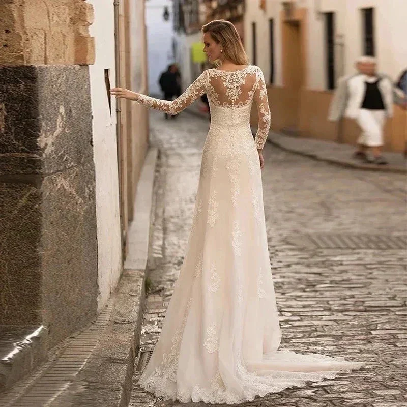 Sexy Lace V-Neck 2023 New Ladies Mermaid Wedding Dresses Floor White Bride Elegant Guest Long Sleeve Vestidos De Novia Applique - Image 4