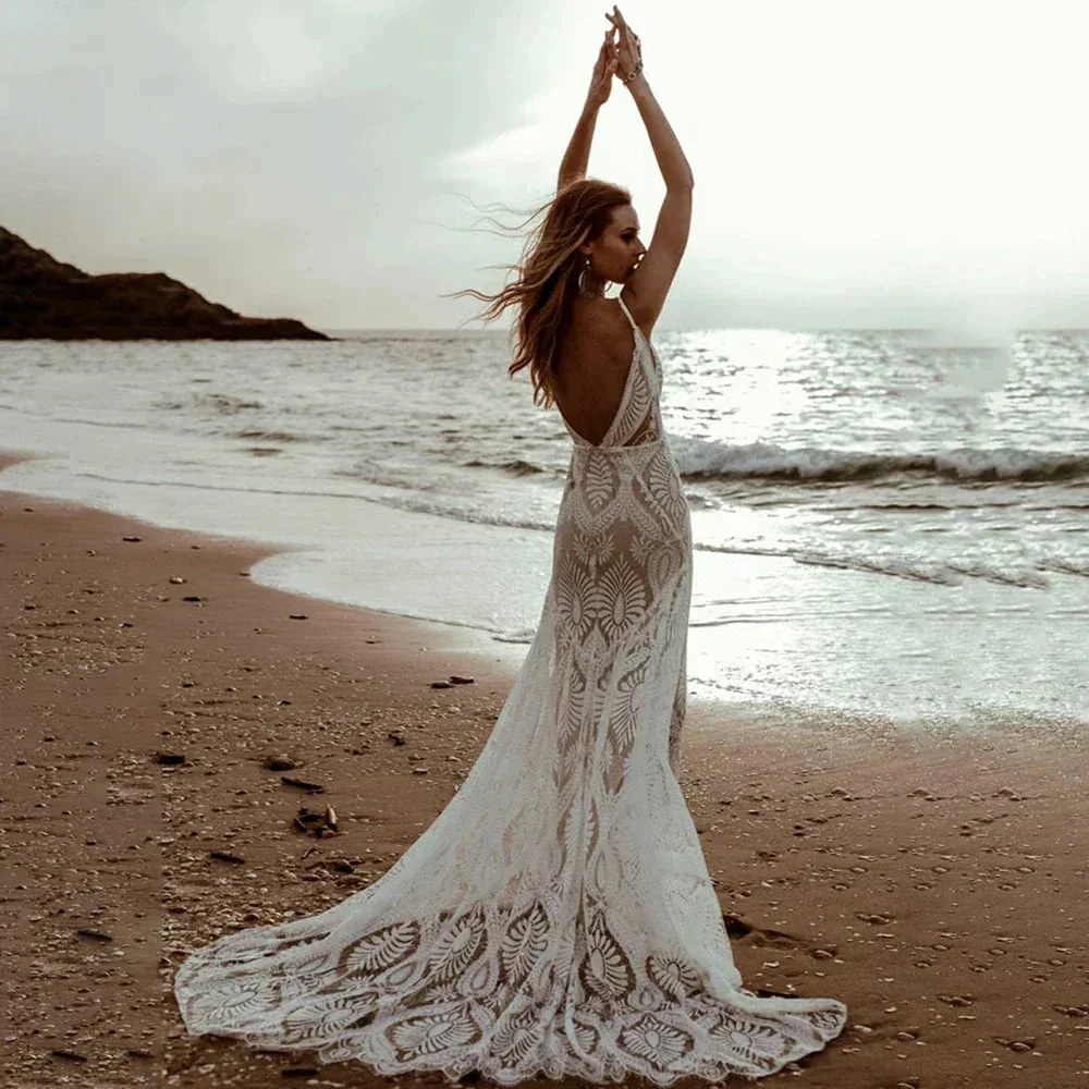 Sexy Lace V Neck Beach Mermaid Wedding Dresses 2023 Spaghetti Straps Sleeveless Bridal Dresses Backless Vestidos De Novia - Image 2
