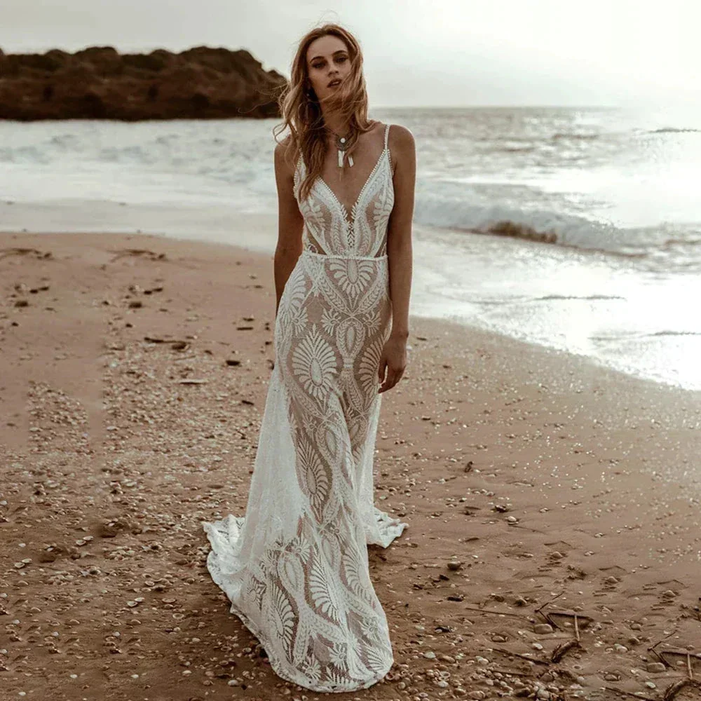 Sexy Lace V Neck Beach Mermaid Wedding Dresses 2023 Spaghetti Straps Sleeveless Bridal Dresses Backless Vestidos De Novia - Image 3