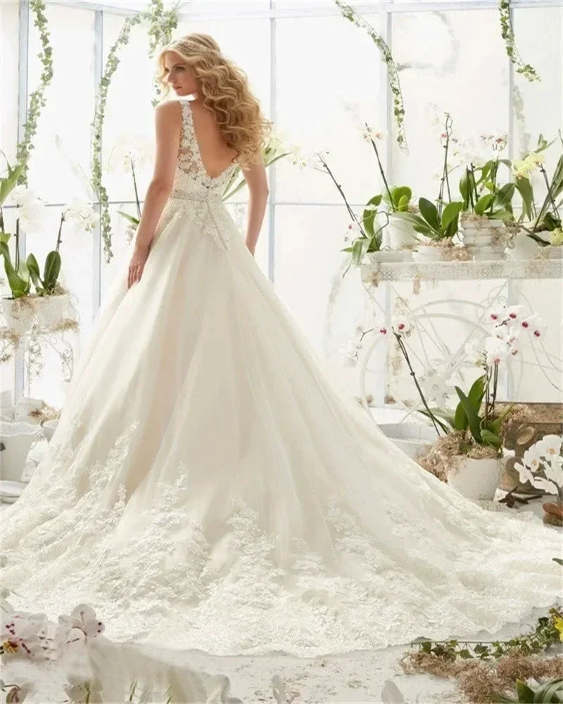 Sexy Lace Wedding Dresses Long Train Simple Bride Floor Length Long Sleeve Applique Lace up Open Back Wedding Dresses - Image 2