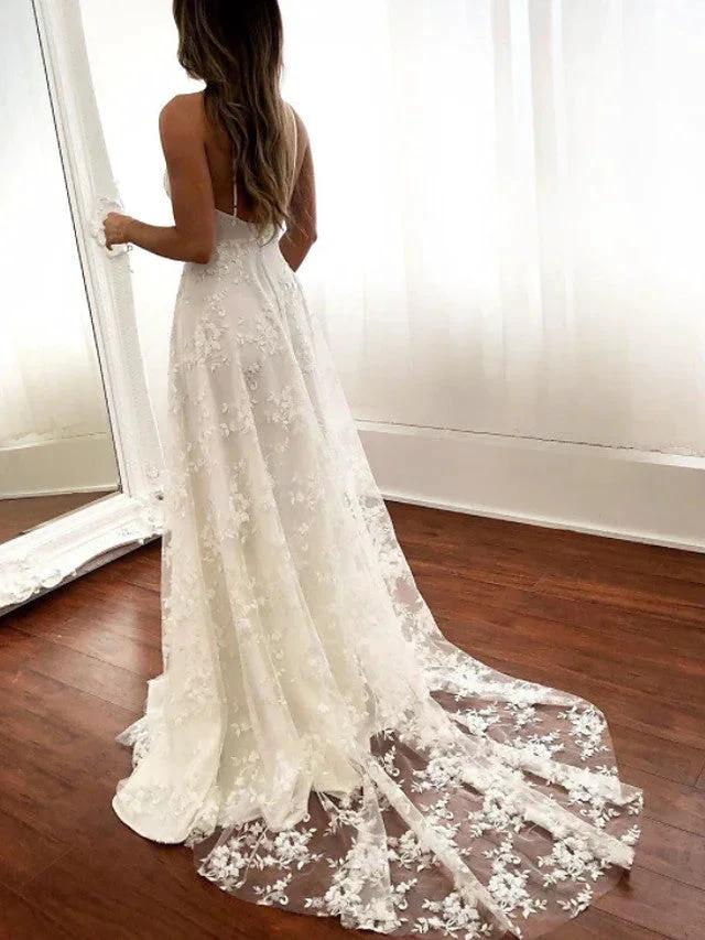 Sexy Long A-Line Spaghetti Strap Lace Backless Wedding Dresseswith Slit - Image 2