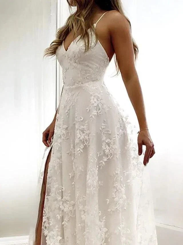 Sexy Long A-Line Spaghetti Strap Lace Backless Wedding Dresseswith Slit - Image 3