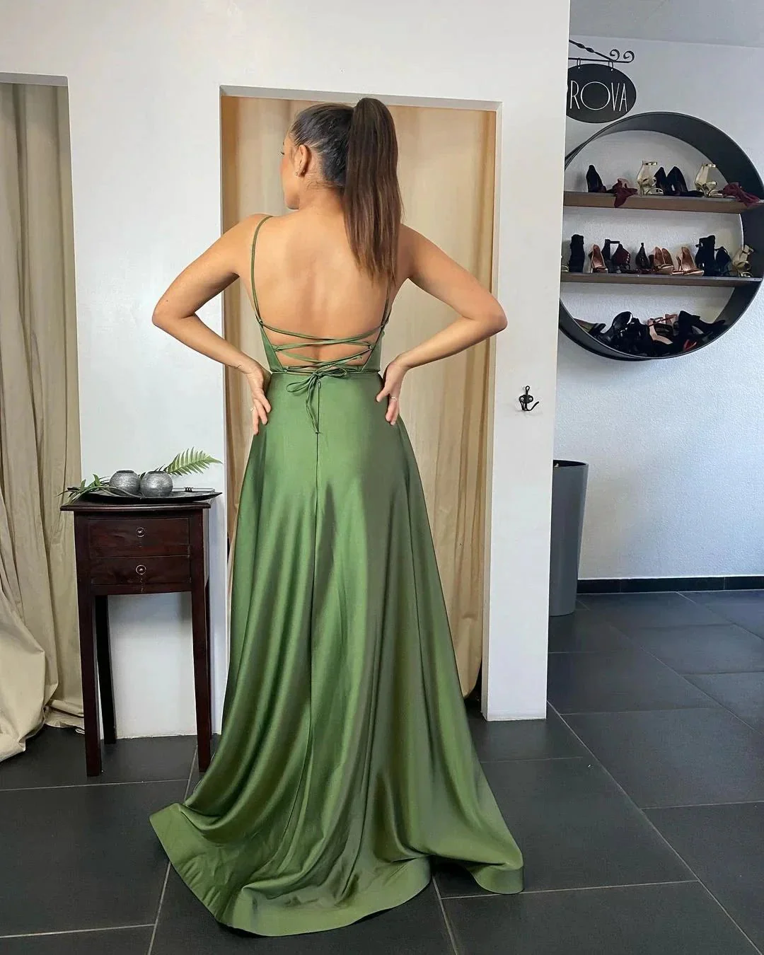Sexy Long A-line Spaghetti Straps Satin Front Slit Backless Prom Dress with Pockets - Image 2
