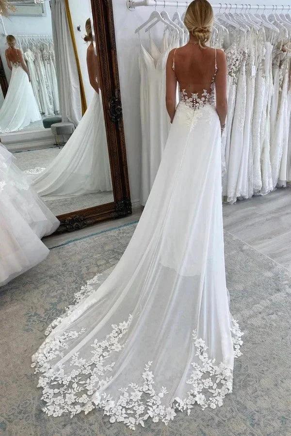 Sexy Long A-line Sweetheart Sleeveless Spaghetti Straps Backless Wedding Dress with Chapel Train - Image 2