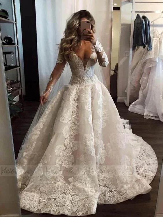 Sexy Long A-Line V-neck Appliques Lace Pearl Wedding Dress with Sleeves - Image 2