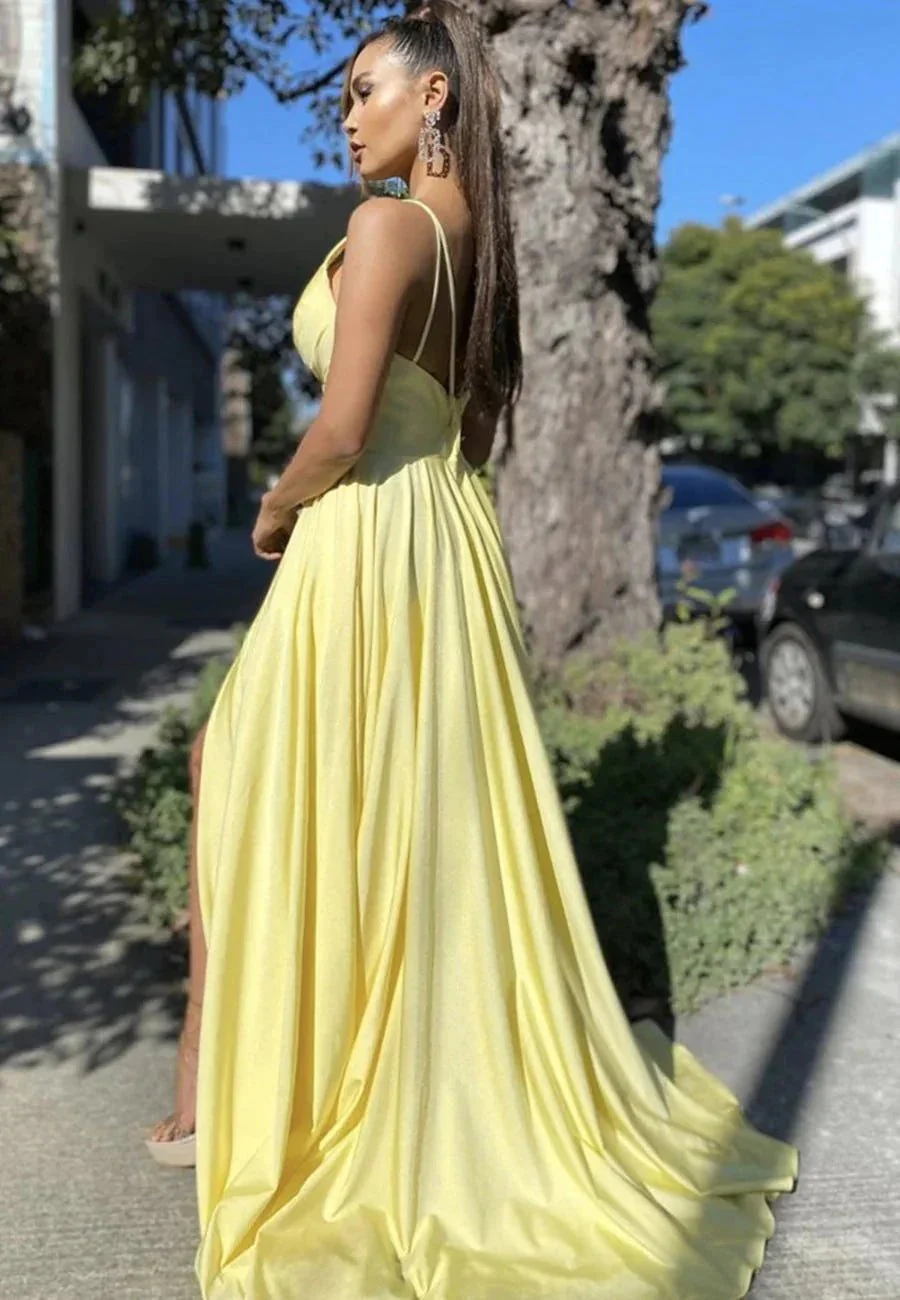 Sexy Long A-line V-neck Backless Satin Backless Formal Prom Dresses with Slit - Image 2