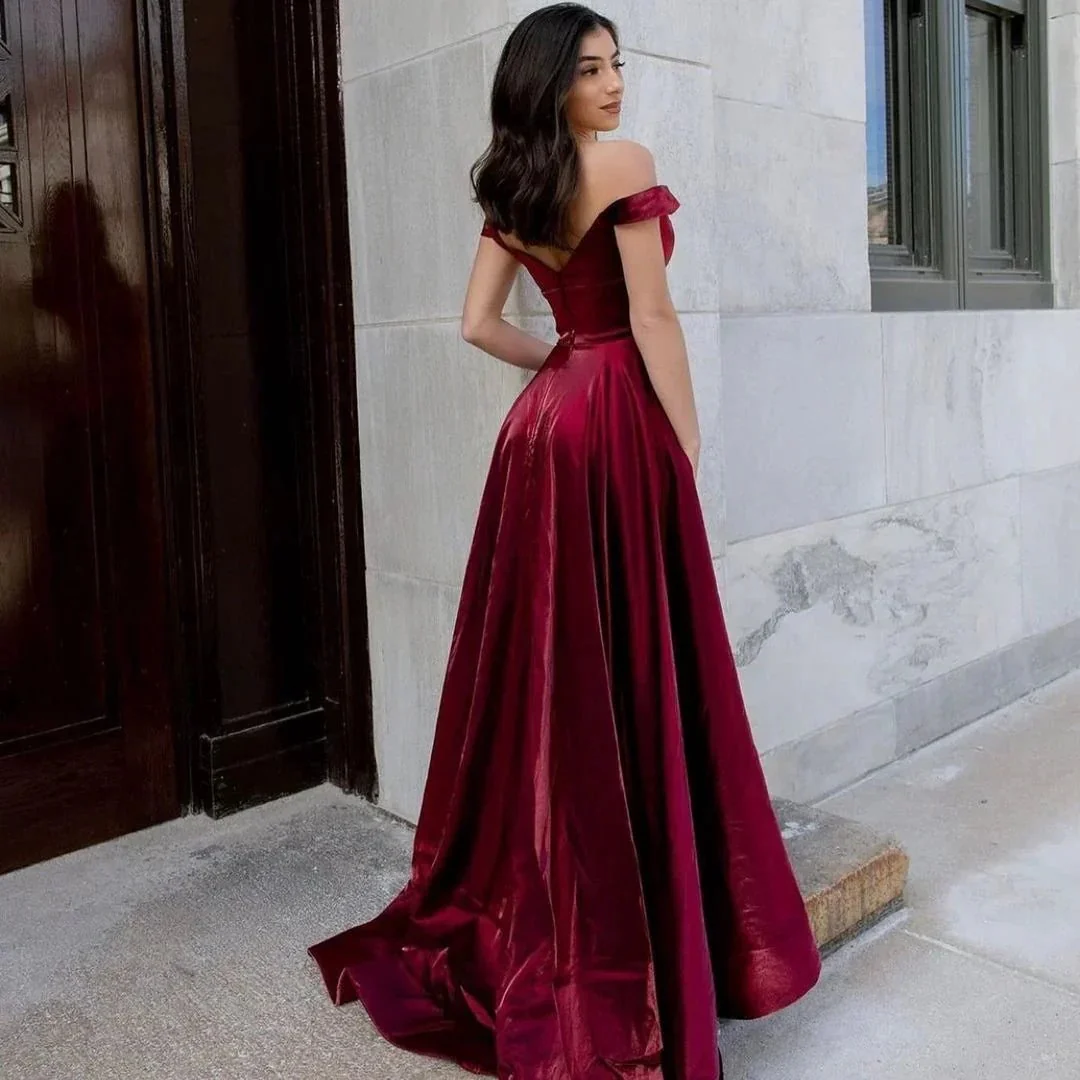 Sexy Long A-line V-neck Off-the-shoulder Backless Velvet Prom Dress With Pockets - Image 2