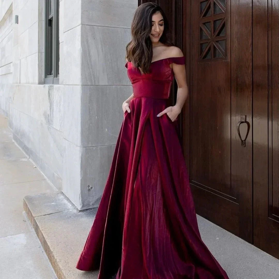 Sexy Long A-line V-neck Off-the-shoulder Backless Velvet Prom Dress With Pockets - Image 3