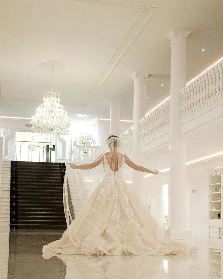 Sexy Long A-Line V-neck Spaghetti Straps Appliques Lace Backless Wedding Dress - Image 2