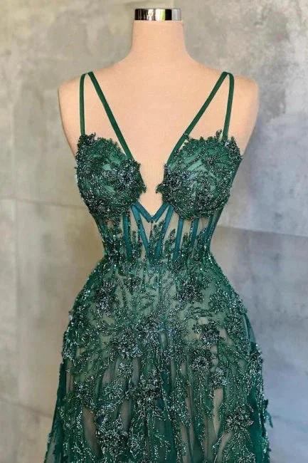 Sexy Long A-line V-Neck Spaghetti Straps Green Prom Dress With Lace - Image 2