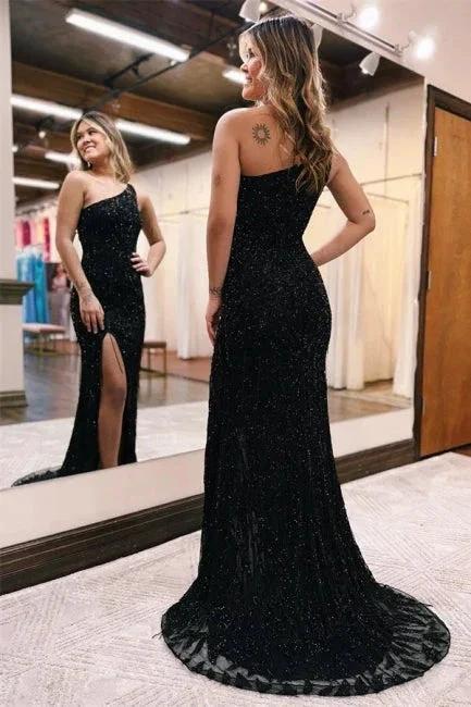 Sexy Long Black One Shoulder Glitter Mermaid Prom Dresses With Slit - Image 2