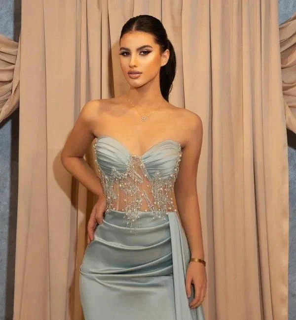 Sexy Long Blue Slit Glitter Mermaid Prom Dresses with Ruffles - Image 2