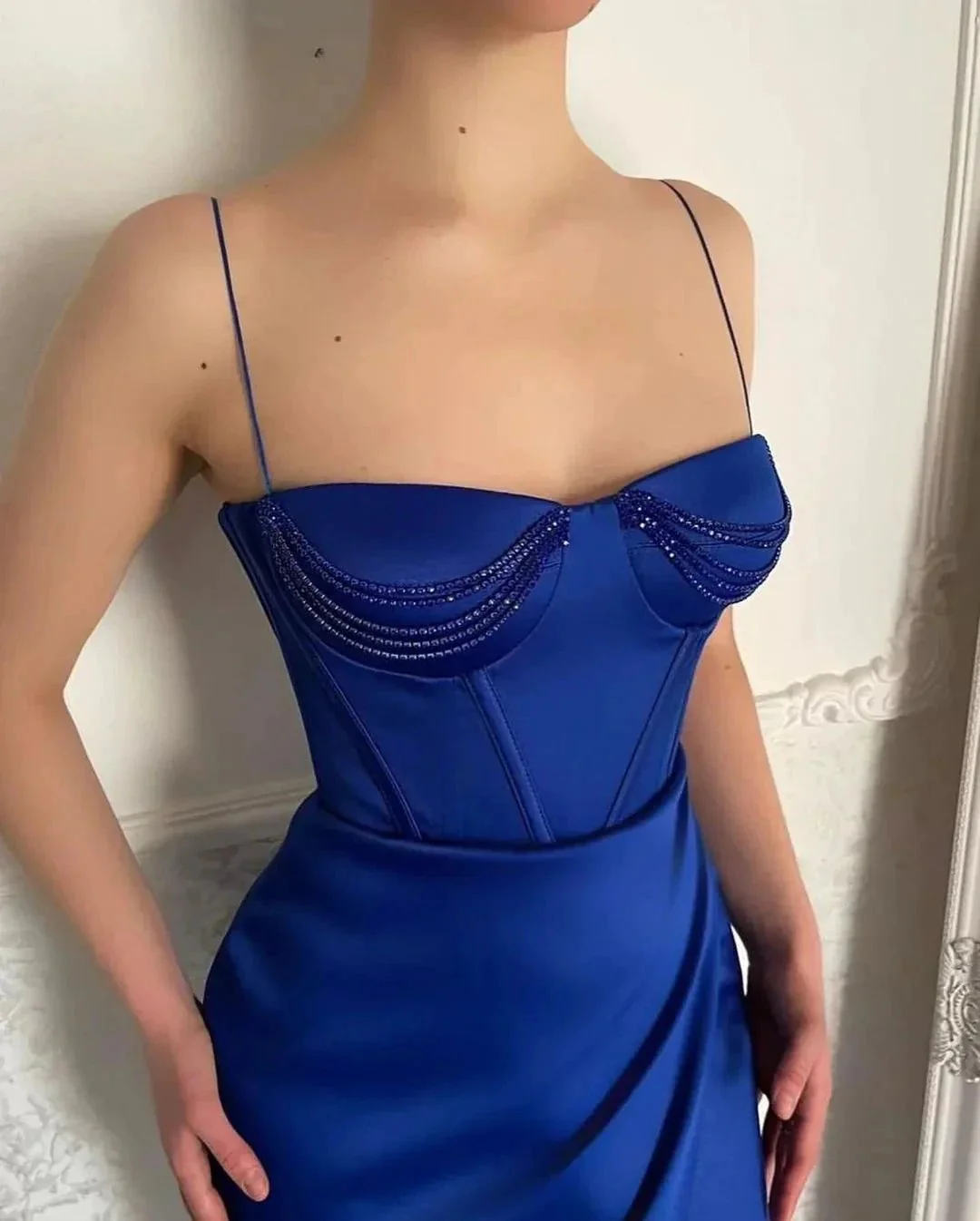 Sexy Long Blue Spaghetti Straps Mermaid Sleeveless Prom Dress With Slit - Image 3