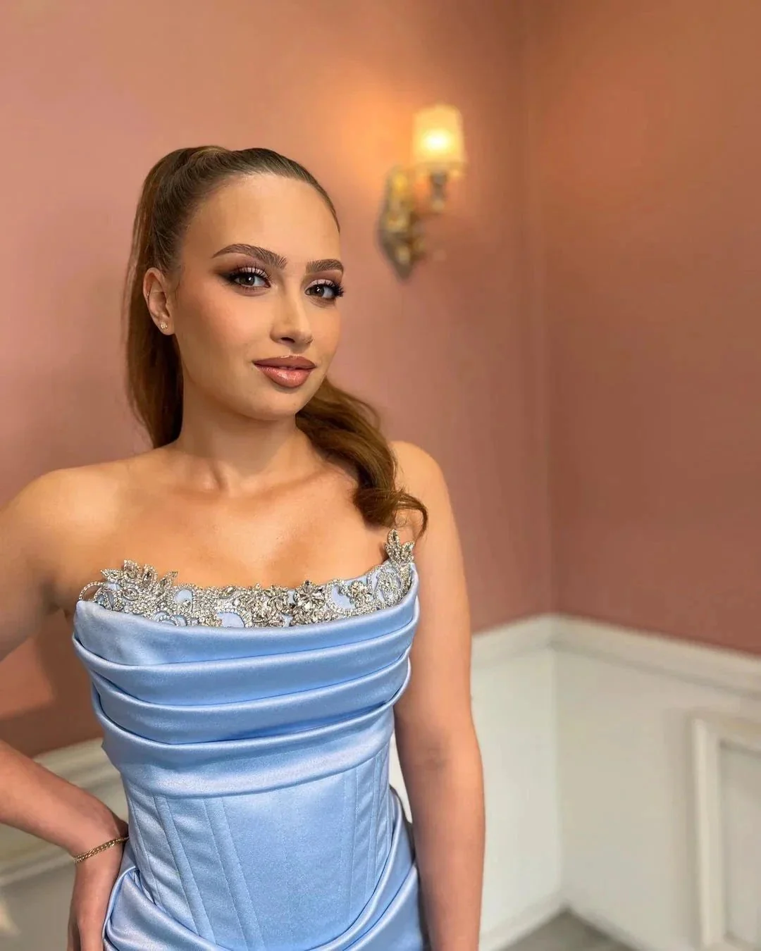 Sexy Long Blue Strapless Lace Rhinestones Mermaid Prom Dress With Slit - Image 2