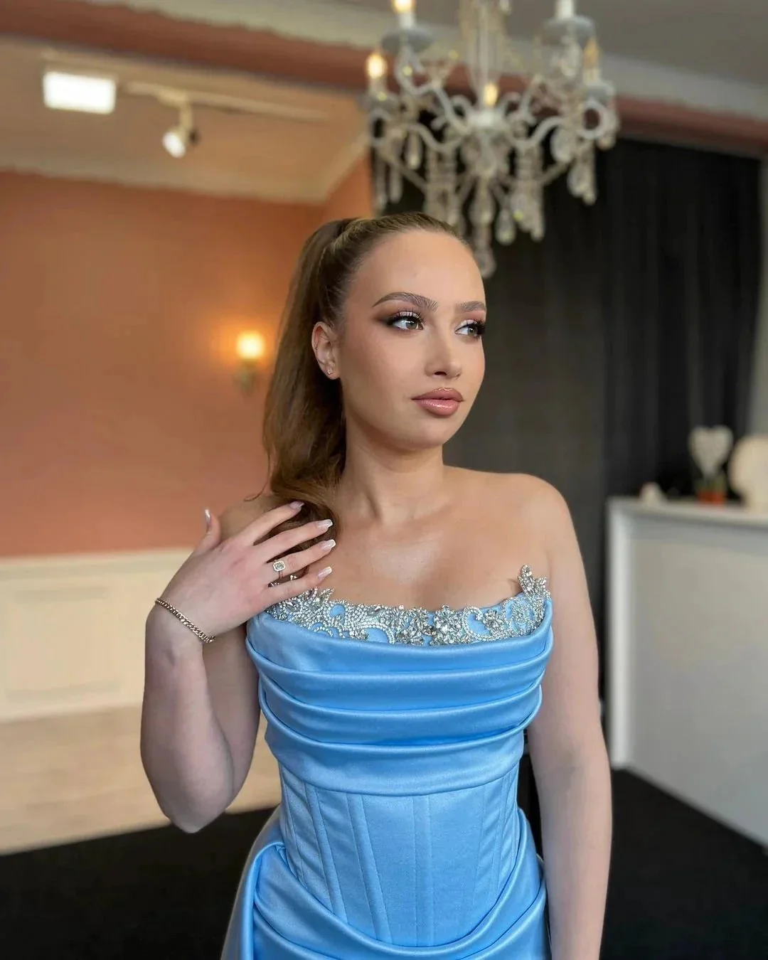 Sexy Long Blue Strapless Lace Rhinestones Mermaid Prom Dress With Slit - Image 3