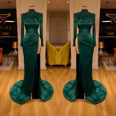 Sexy Long Dark Green High Neck Long Sleeves Beading Prom Dress With Slit - Image 2