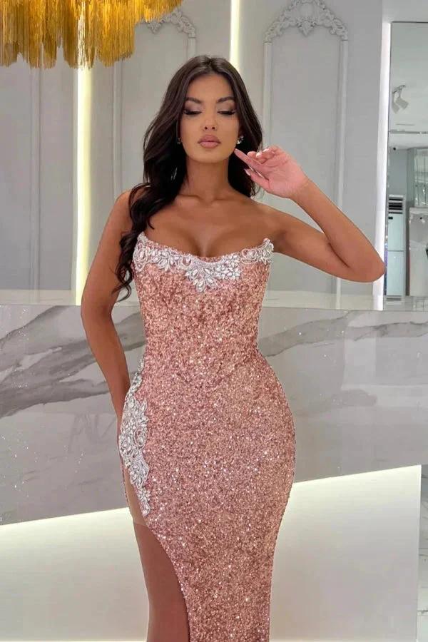 Sexy Long Dusty Rose Strapless Sequined Lace Prom Dress with Slit - Image 2