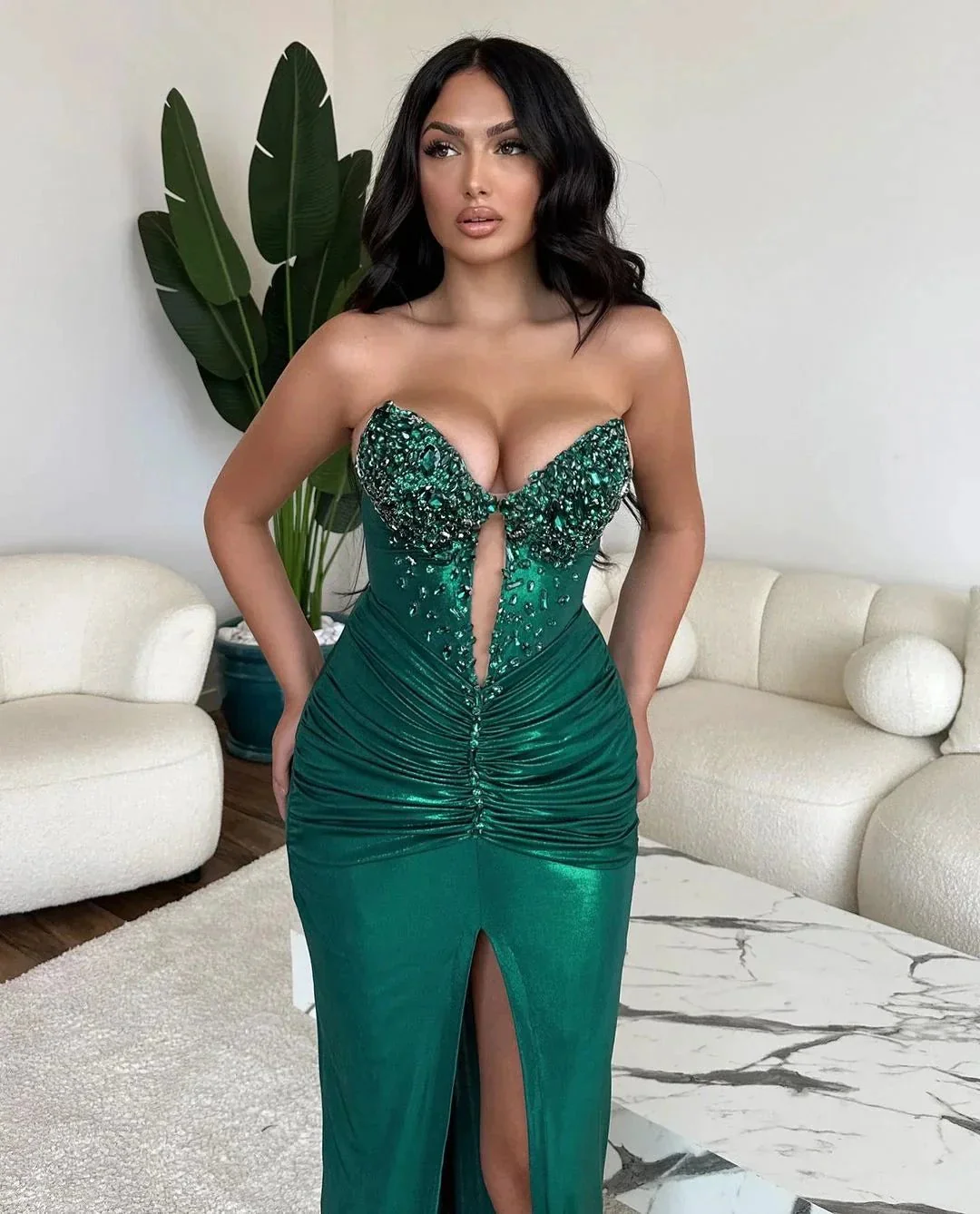 Sexy Long Green Mermaid Sequined Sleeveless Prom Dress With Slit - Image 2