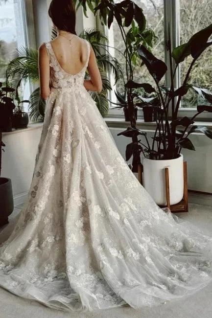Sexy Long Ivory V-neck A-line Split Front Sleeveless Wedding Dress with Lace - Image 2