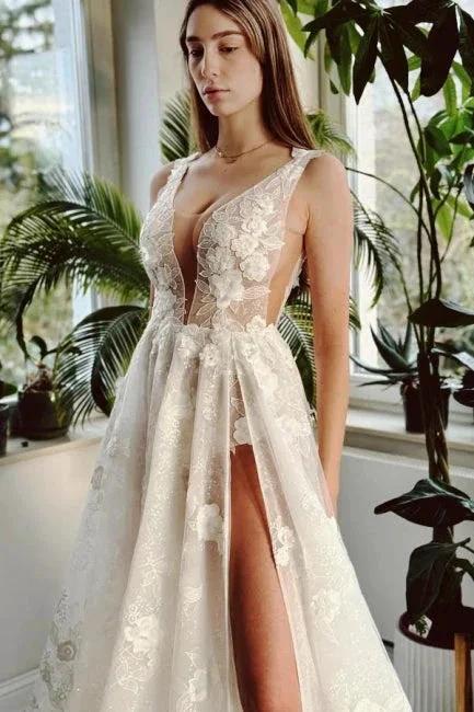 Sexy Long Ivory V-neck A-line Split Front Sleeveless Wedding Dress with Lace - Image 3