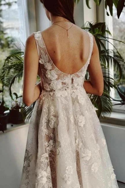 Sexy Long Ivory V-neck A-line Split Front Sleeveless Wedding Dress with Lace - Image 4