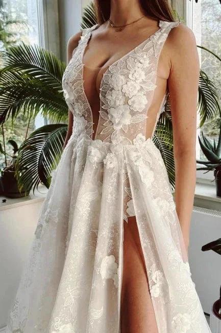 Sexy Long Ivory V-neck A-line Split Front Sleeveless Wedding Dress with Lace - Image 5