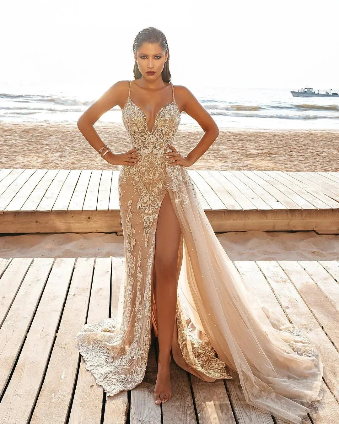 Sexy Long Mermaid Appliques Lace Split Wedding Dress With Side Train - Image 3
