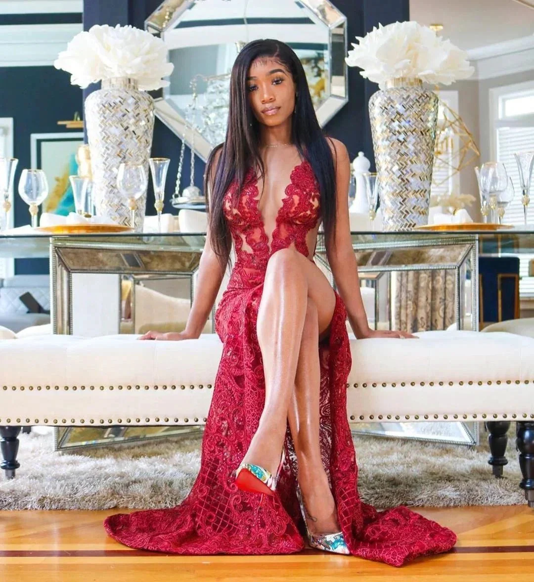 Sexy Long Mermaid Bateau Lace Burgundy Prom Dress With Slit - Image 3