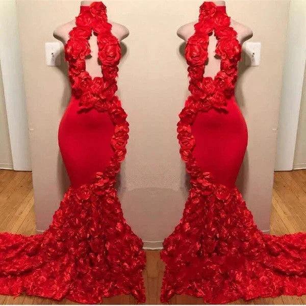Sexy Long Mermaid Flowers High Neck Red Prom Dresses - Image 2