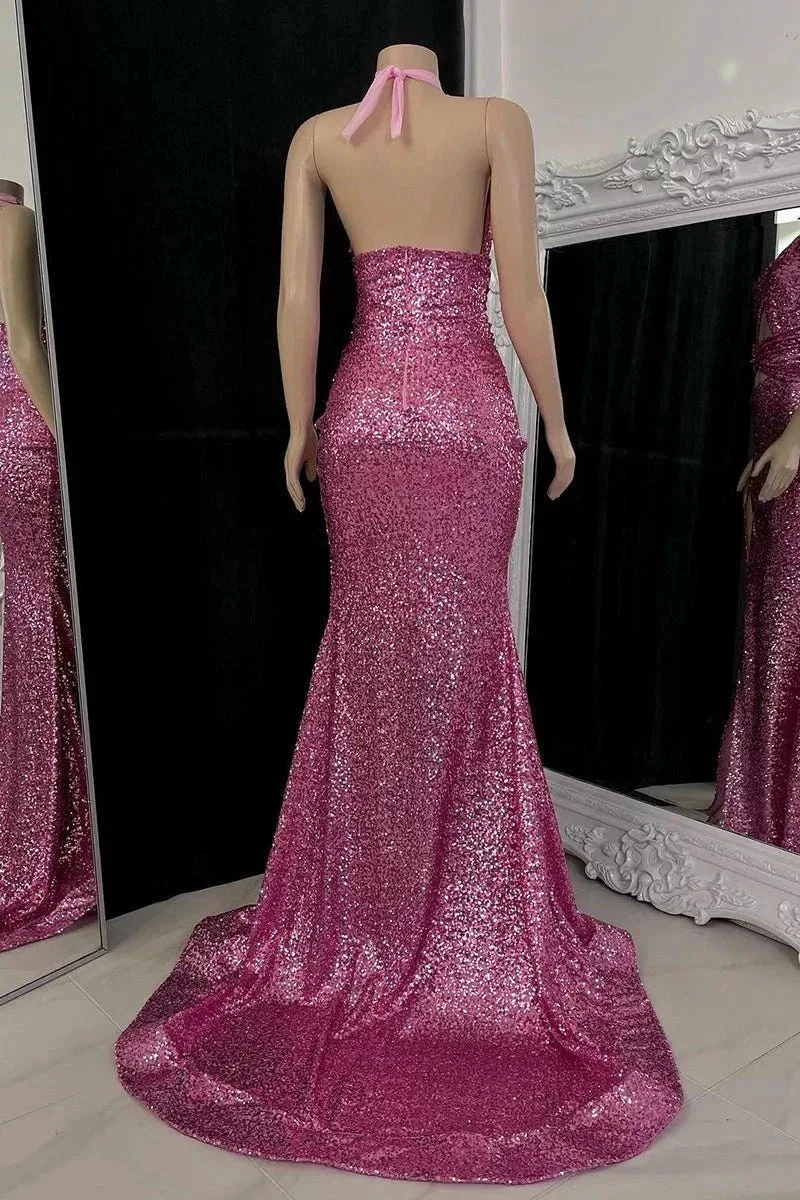 Sexy Long Mermaid High Neck Sequined Sleeveless Prom Dress With Slit - Image 2