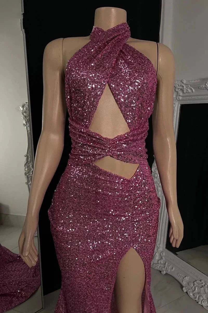 Sexy Long Mermaid High Neck Sequined Sleeveless Prom Dress With Slit - Image 3