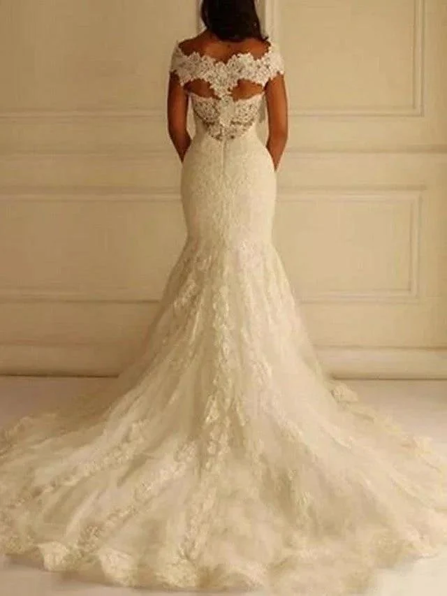 Sexy Long Mermaid Off the Shoulder Lace Wedding Dresses - Image 2