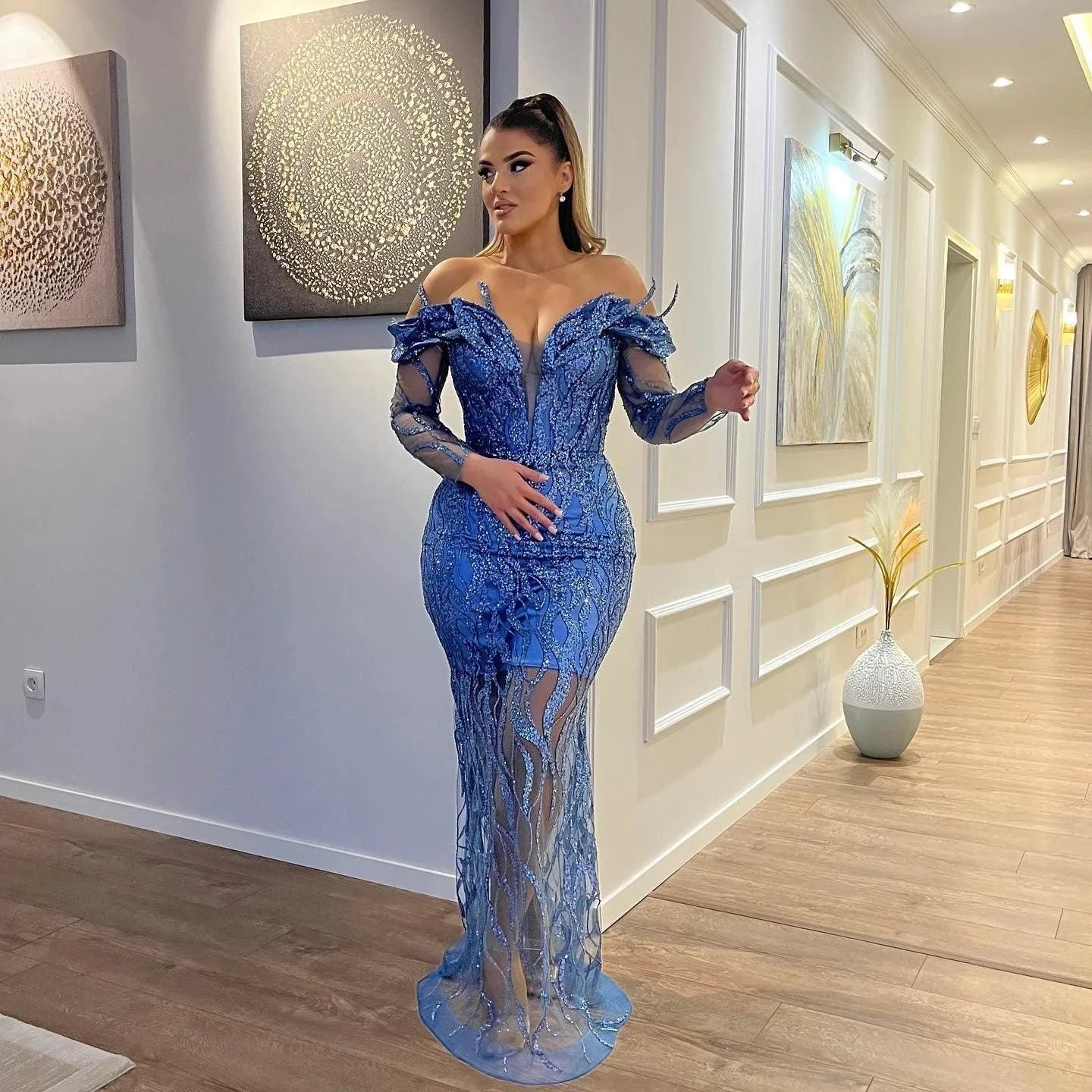 Sexy Long Mermaid Off the Shoulder Tulle Lace Formal Evening Dresses - Image 2