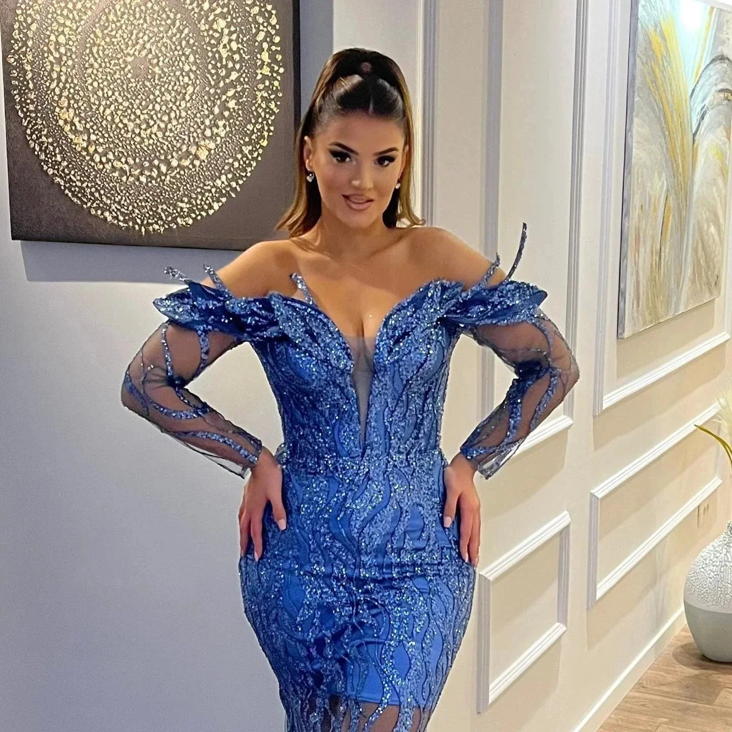 Sexy Long Mermaid Off the Shoulder Tulle Lace Formal Evening Dresses - Image 3