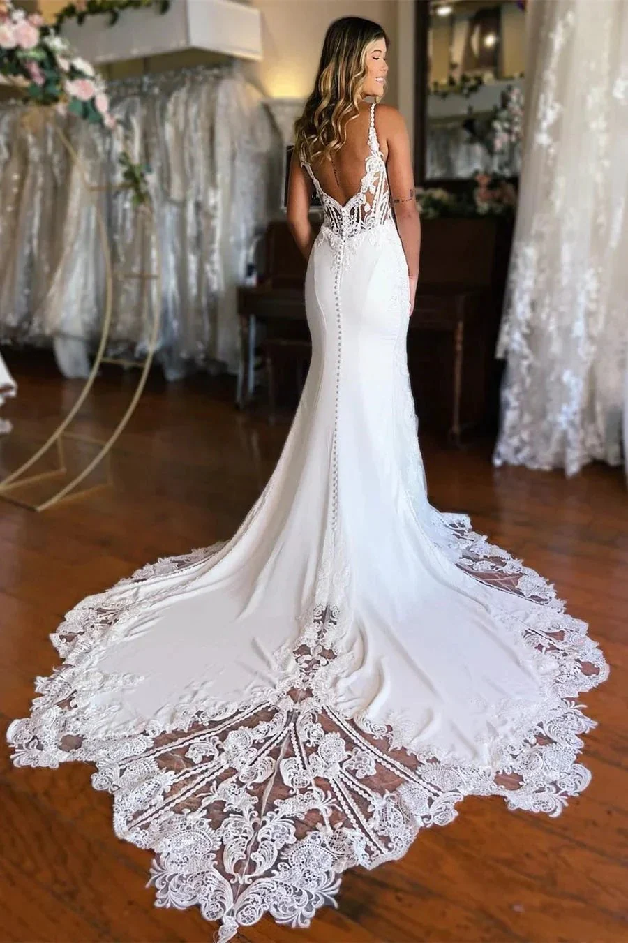 Sexy Long Mermaid Spaghetti Straps Lace Backless Wedding Dress With Train - Image 2