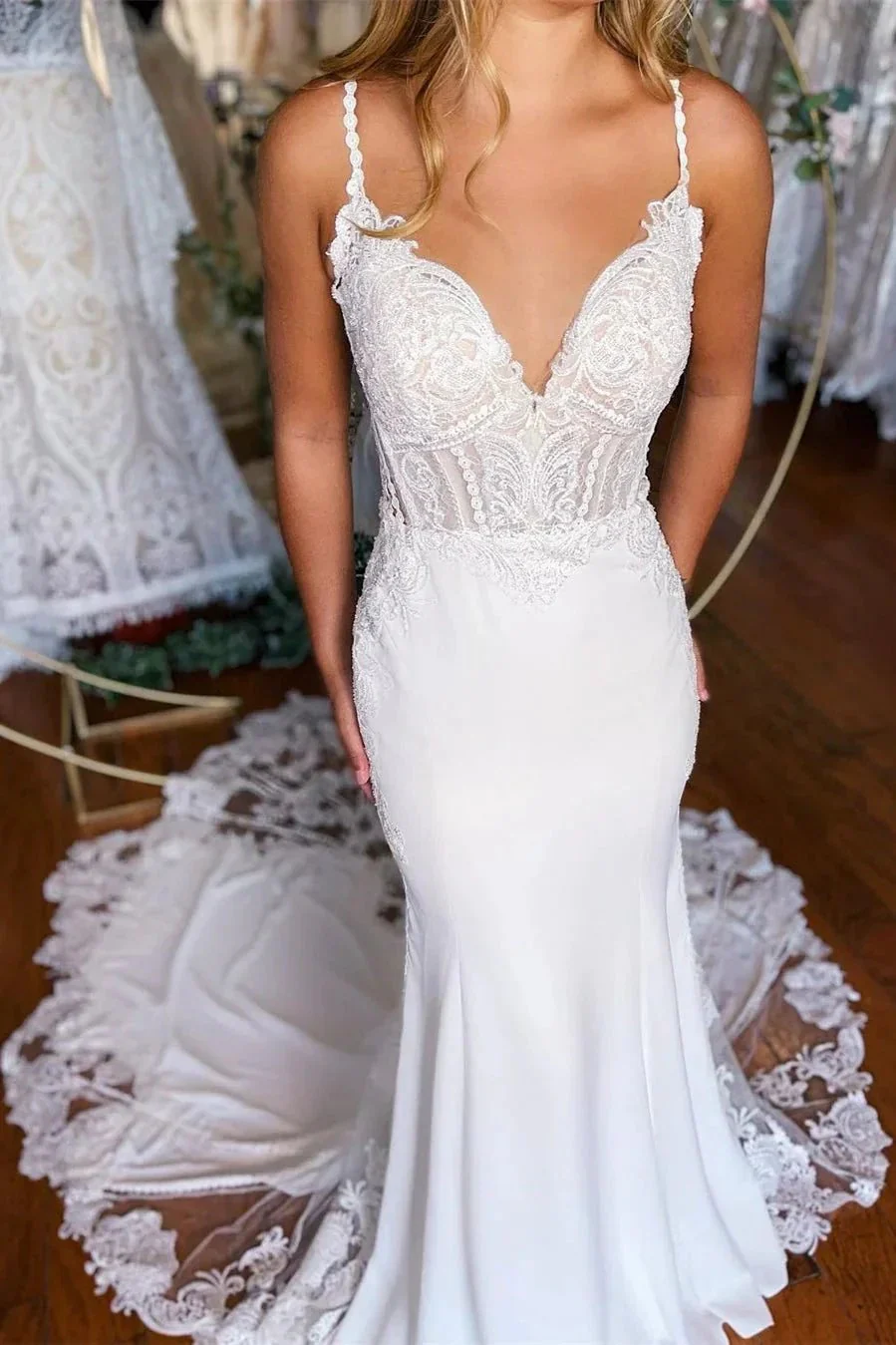 Sexy Long Mermaid Spaghetti Straps Lace Backless Wedding Dress With Train - Image 3