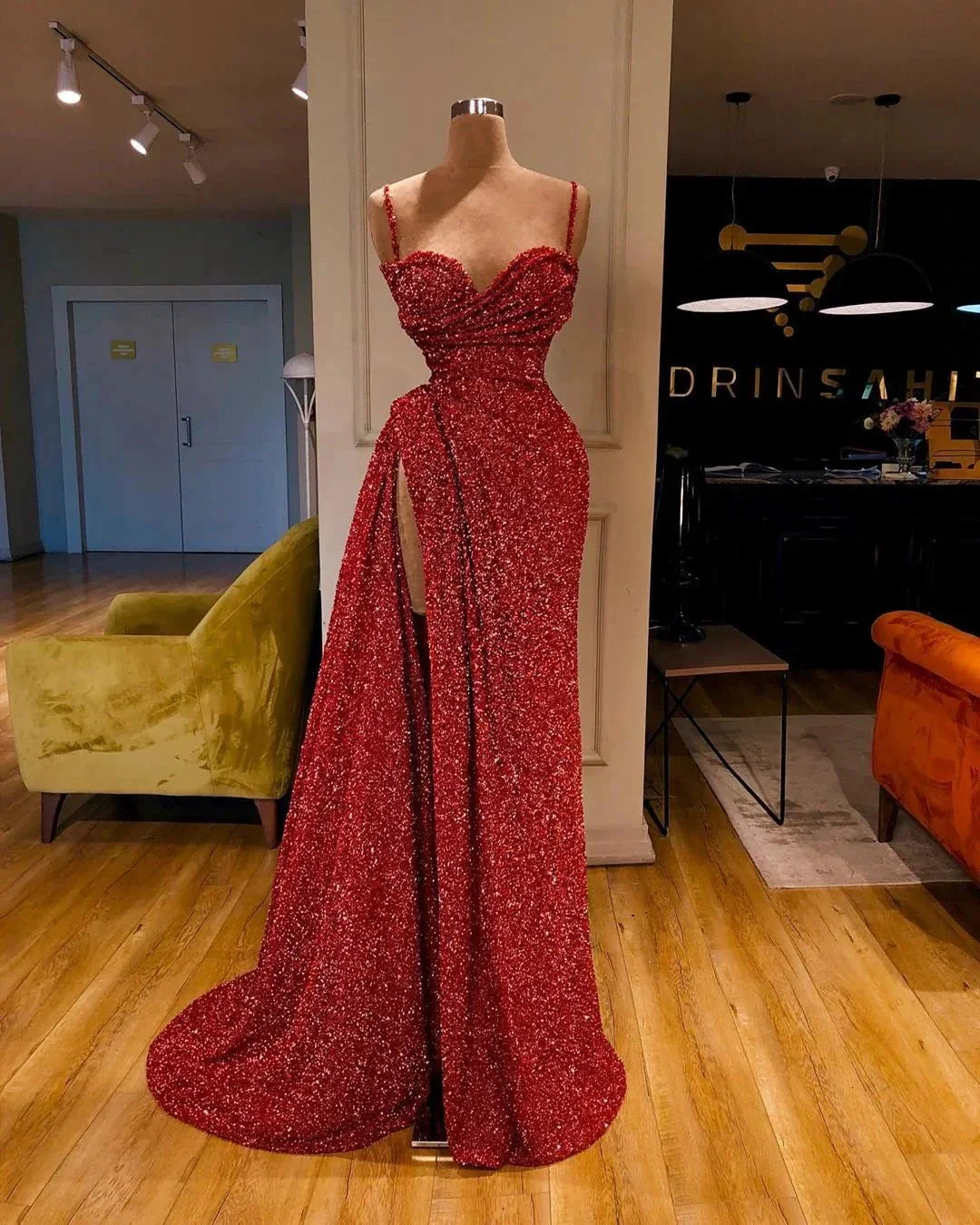 Sexy Long Mermaid Spaghetti Straps Sequins Prom Dress With Slit - Image 2