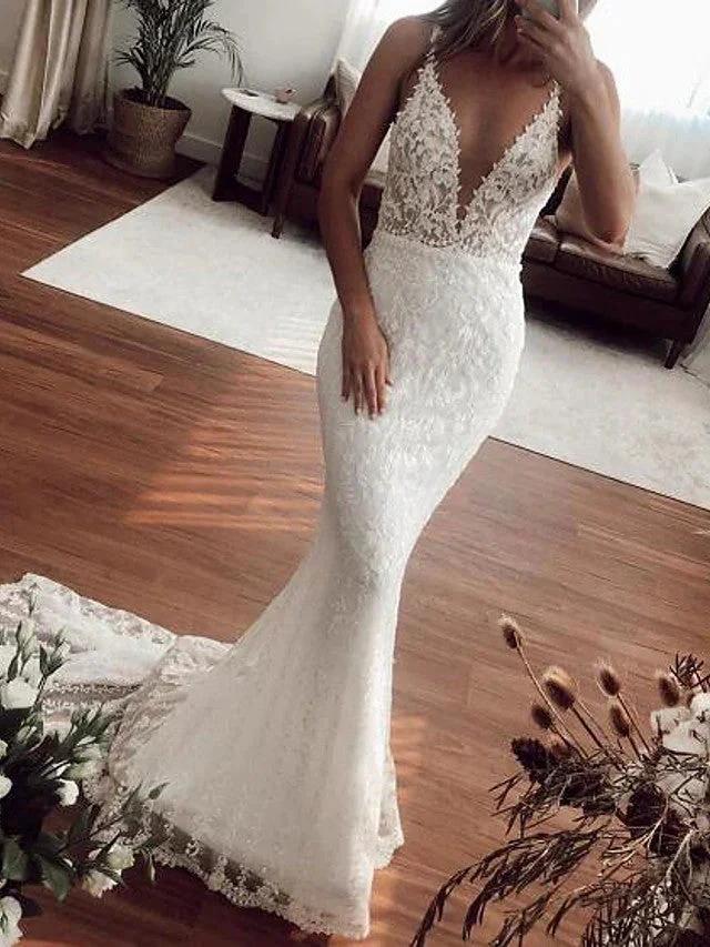 Sexy Long Mermaid V-neck Lace Tulle Wedding Dresses - Image 2