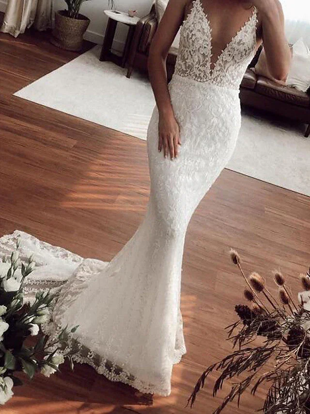 Sexy Long Mermaid V-neck Lace Tulle Wedding Dresses - Image 3