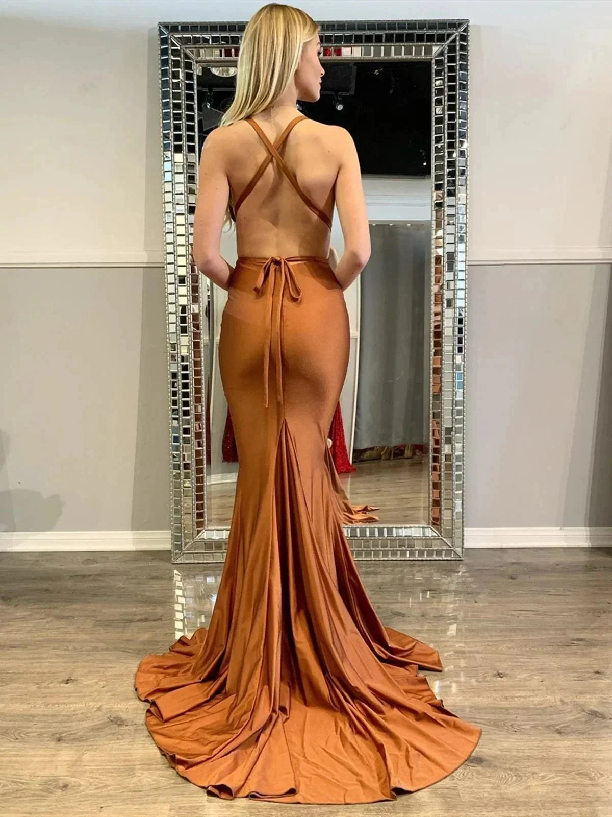 Sexy Long Mermaid V-neck Satin Open Back Graduation Formal Prom Dresses - Image 2