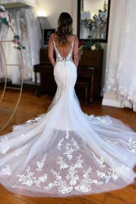 Sexy Long Mermaid V-neck Sleeveless Lace Wedding Dresses with Train - Image 2