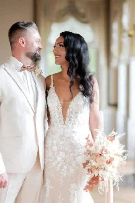 Sexy Long Mermaid V-neck Sleeveless Wedding dresses With Lace - Image 4