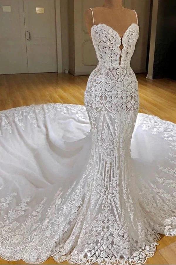 Sexy Long Mermaid V-neck Spaghetti Straps Appliques Lace Wedding Dress - Image 2