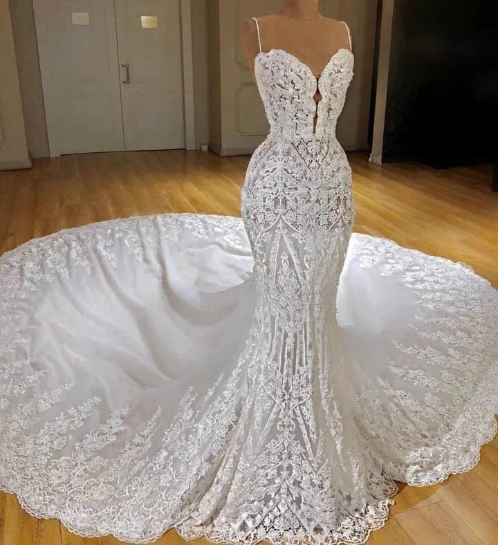 Sexy Long Mermaid V-neck Spaghetti Straps Appliques Lace Wedding Dress - Image 3