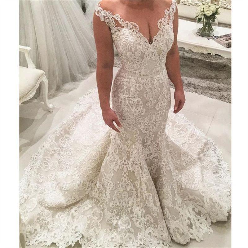 Sexy Long Mermaid V-neck Spaghetti Straps Appliques Lace Wedding Dress - Image 2