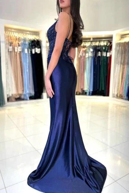 Sexy Long Navy Blue Mermaid V-neck Spaghetti Straps Lace Prom Dress With Slit - Image 2